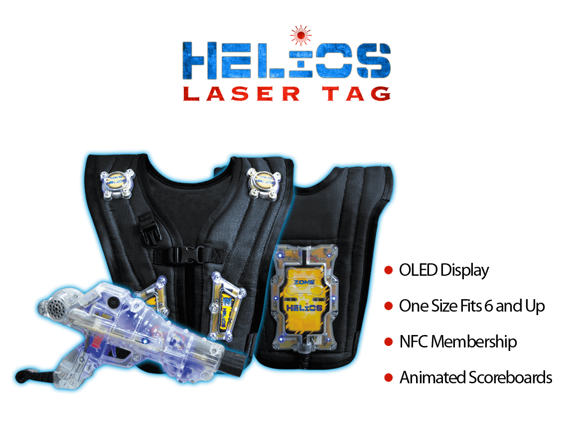 Laser Tag Equipment Helios CE Top Image - OLED Display, One Size Fits 6 and Up, NFC Membership, Animated Scoreboards - zone laser tag products, laser tag software, laser tag system, laser tag equipment, laser tag wholesaler, laser tag manufacturing, zone laser tag, laser tag